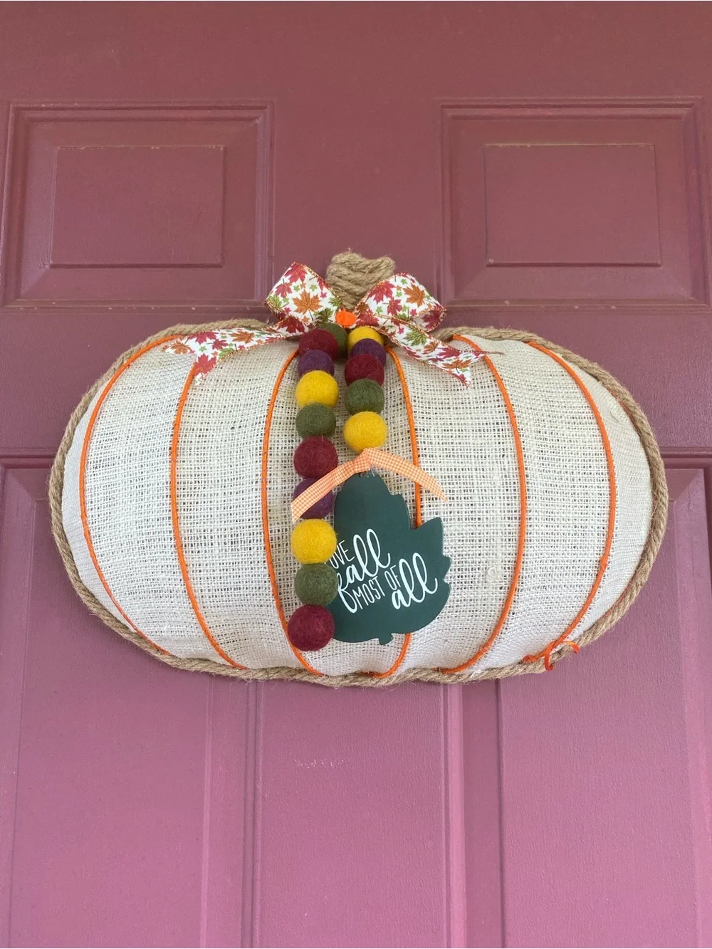 Autumn Burlap Pumpkin Door Decor - White Orange Green